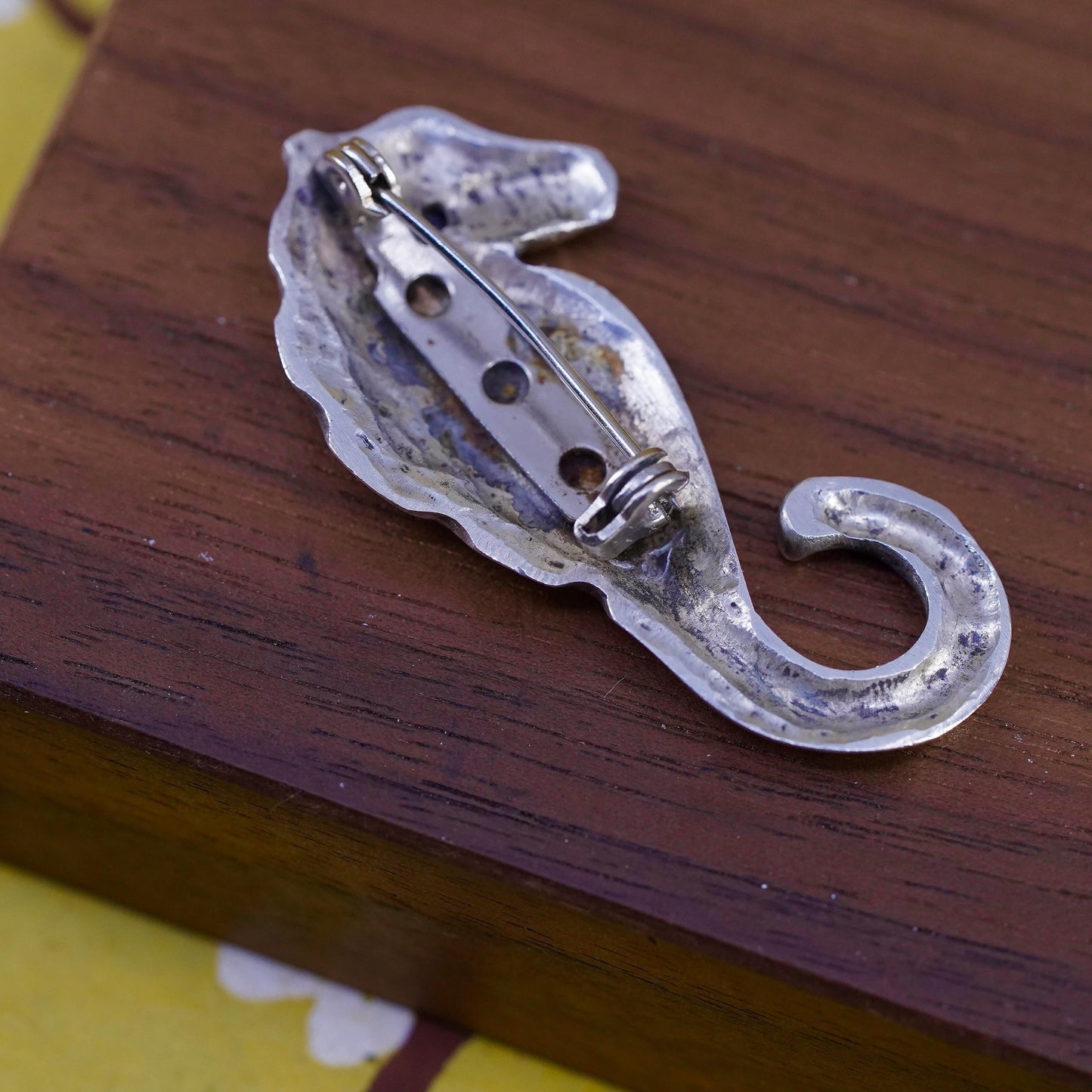 Vintage handmade sterling 925 silver seahorse brooch pin with blue topaz eye