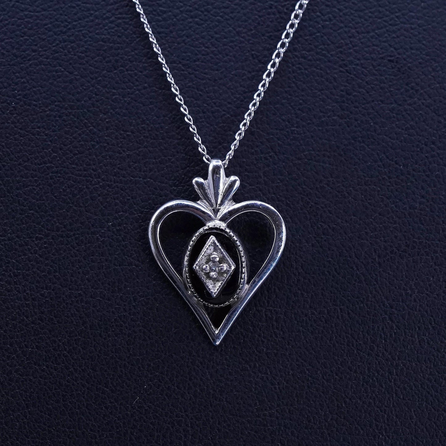 18”, VTG Sterling silver necklace, 925 circle chain onyx diamond heart pendant