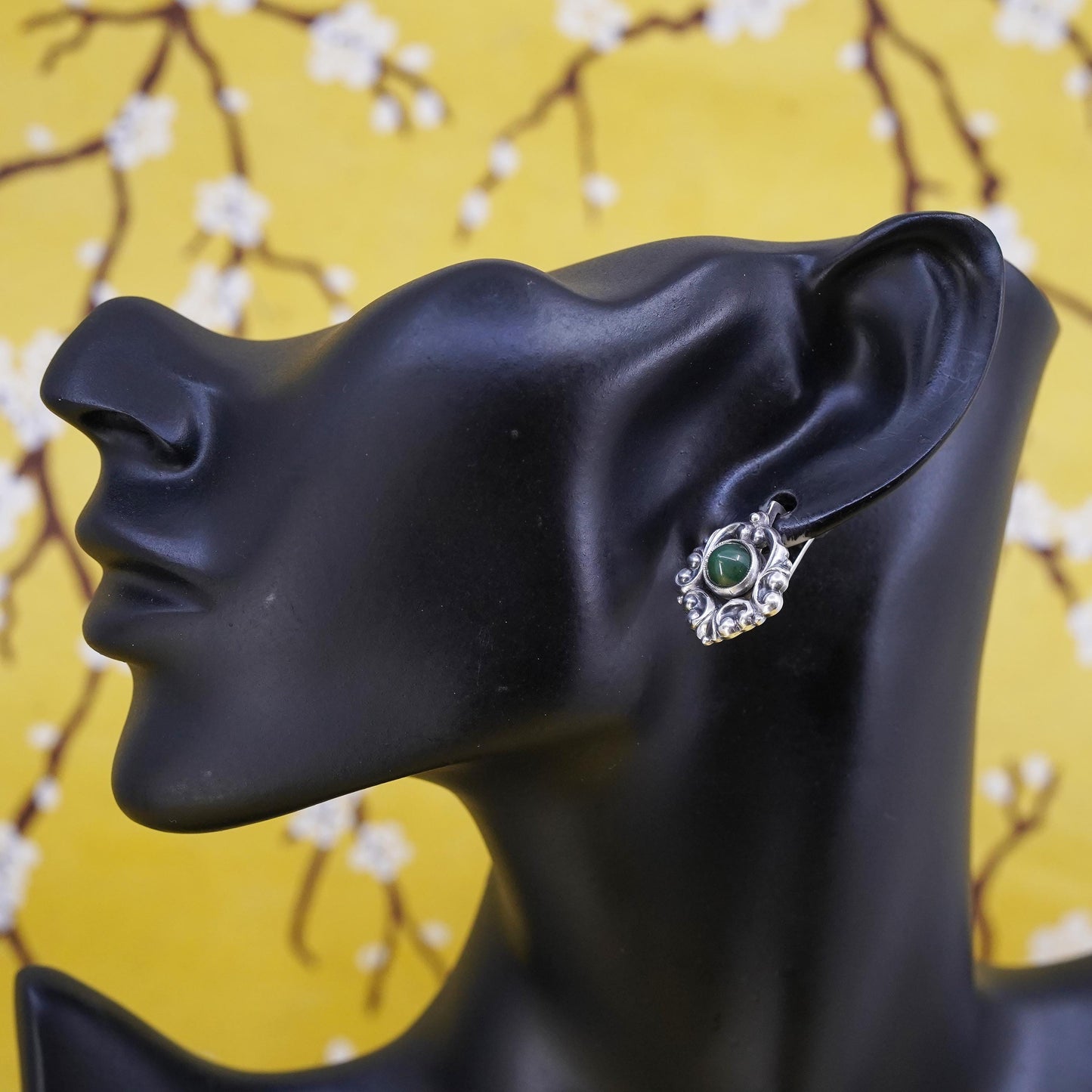 Soviet Sterling Silver 875 studs Earrings with jade lever back, USSR Jewelry