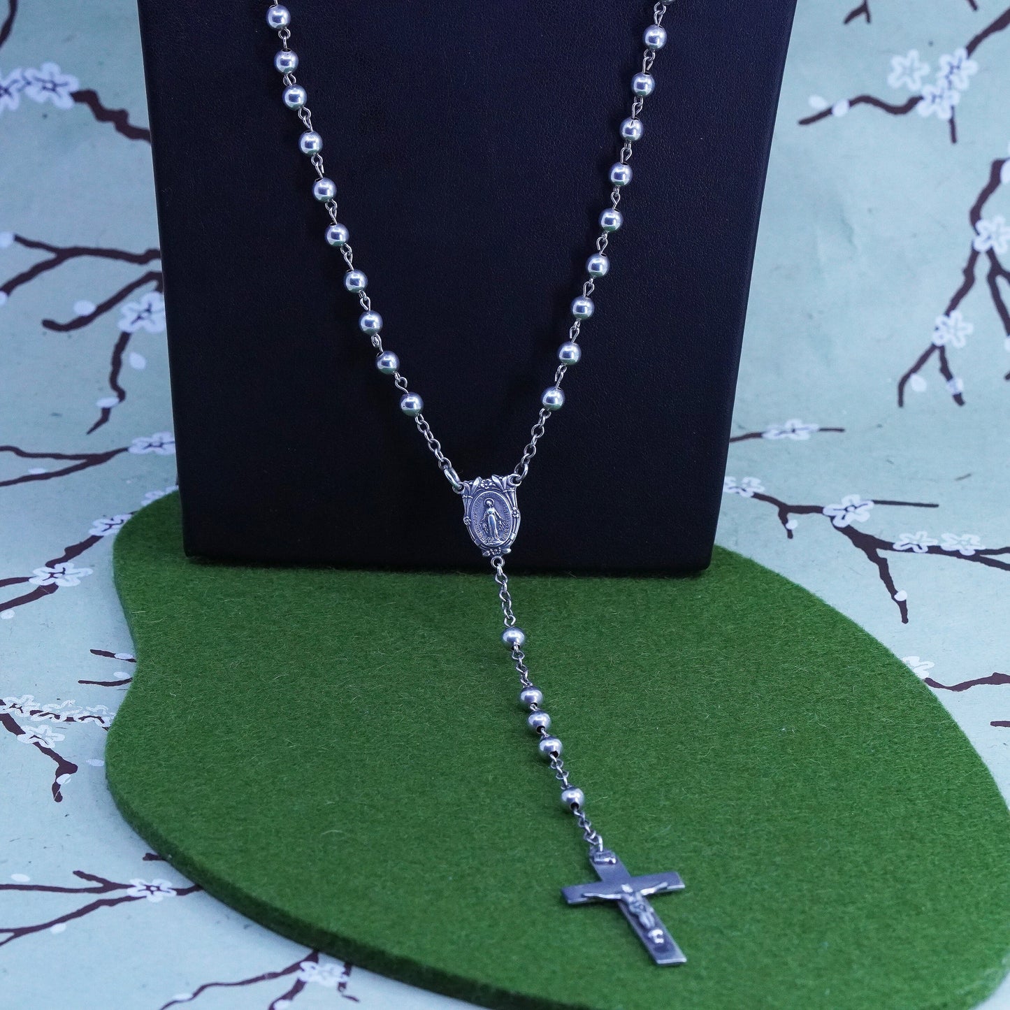 24”, sterling silver rosary necklace circle chain with Jesus cross pendant bead