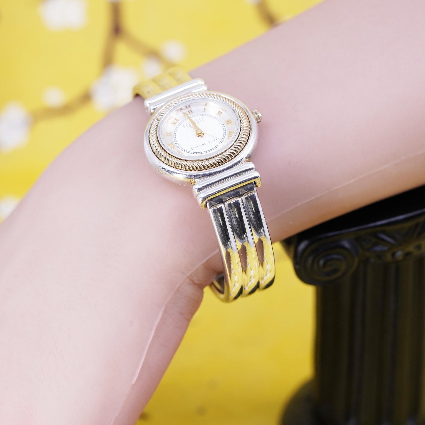 Ecclissi round face watch with sterling 925 silver watch band gold cable