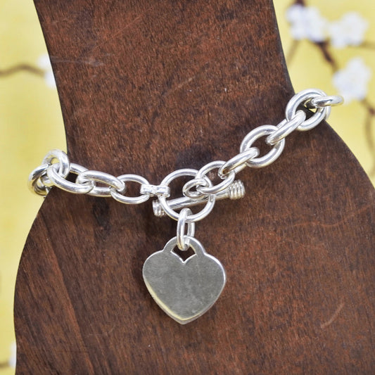 7.5", Sterling silver handmade bracelet, 925 bold oval chain w/ heart tag charm