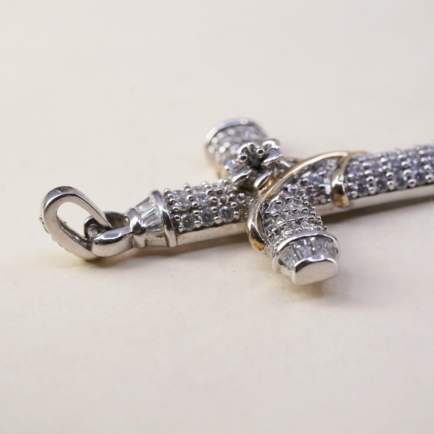 Vintage sterling silver pendant, 925 cross with cluster Cz and gold vines