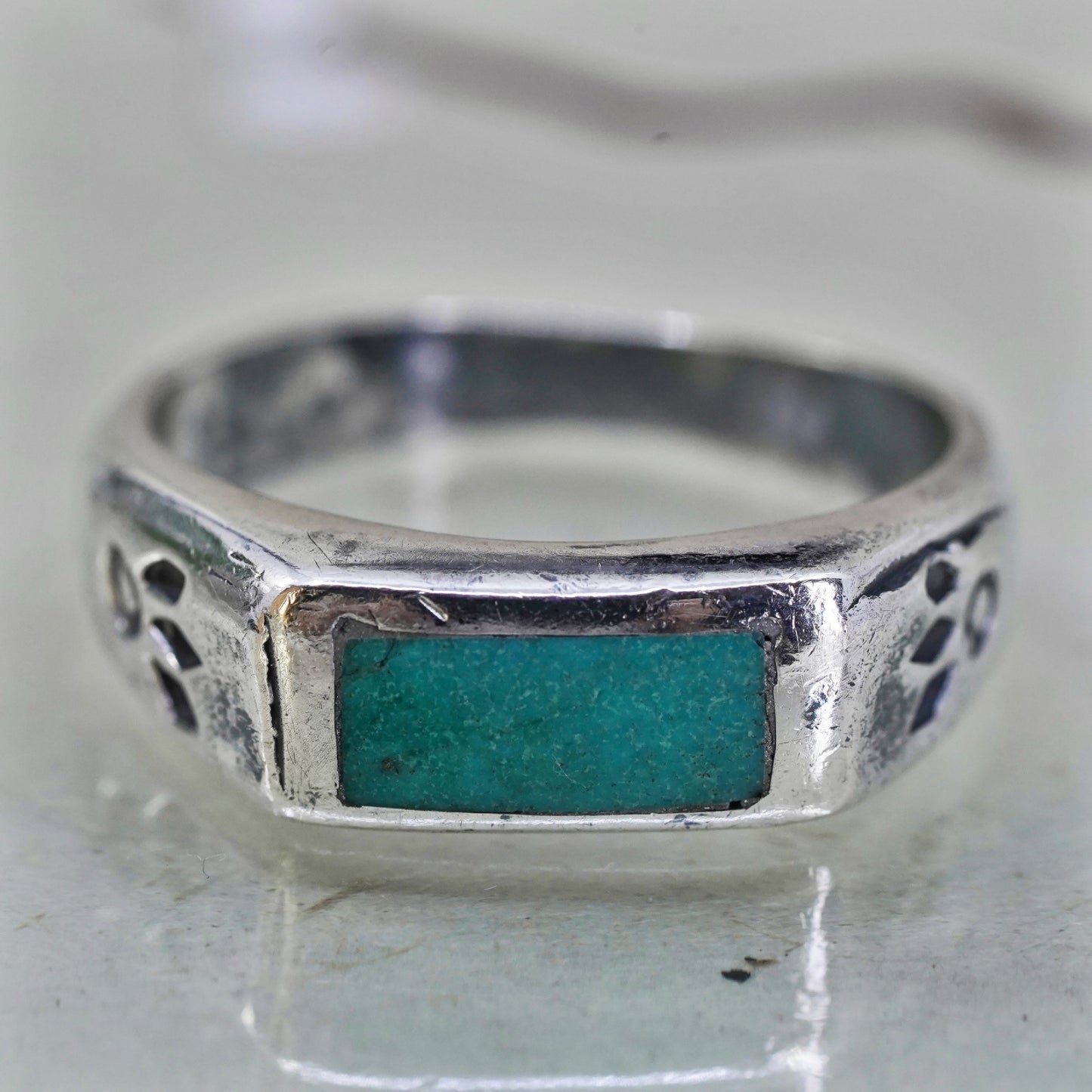 Size 10.25, Sterling silver handmade ring, 925 band with turquoise inlay, Zuni