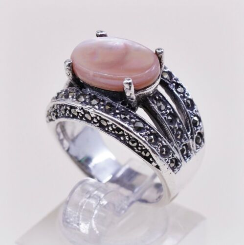 Sz 6.75, Vtg Sterling 925 Silver handmade Ring W/ Mother Of Pearl n marcasite