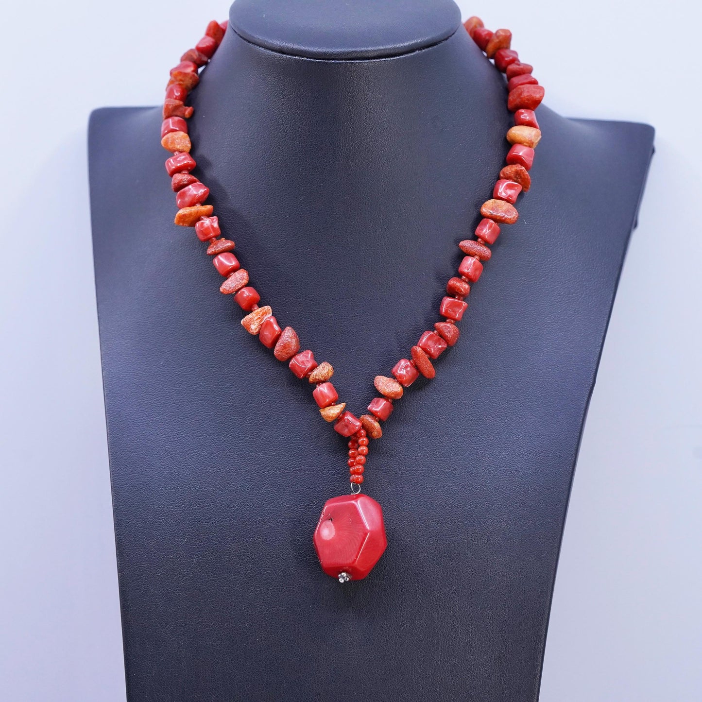 16", silver tone necklace, coral beads necklace pendant with toggle closure