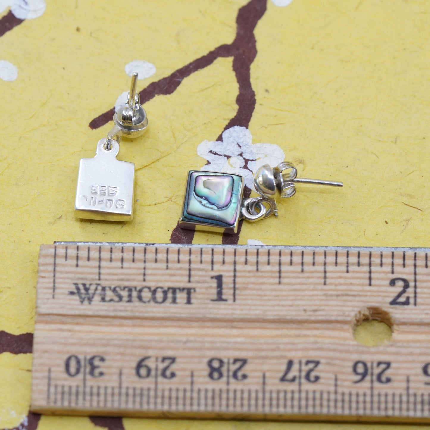 Vintage Mexico Sterling silver handmade earrings, 925 square dangle w/ abalone