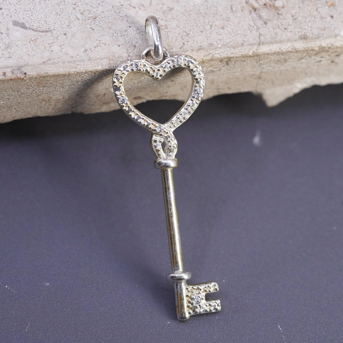 Vinatge Sterling silver handmade pendant, 925 headt key charm with cluster CZ