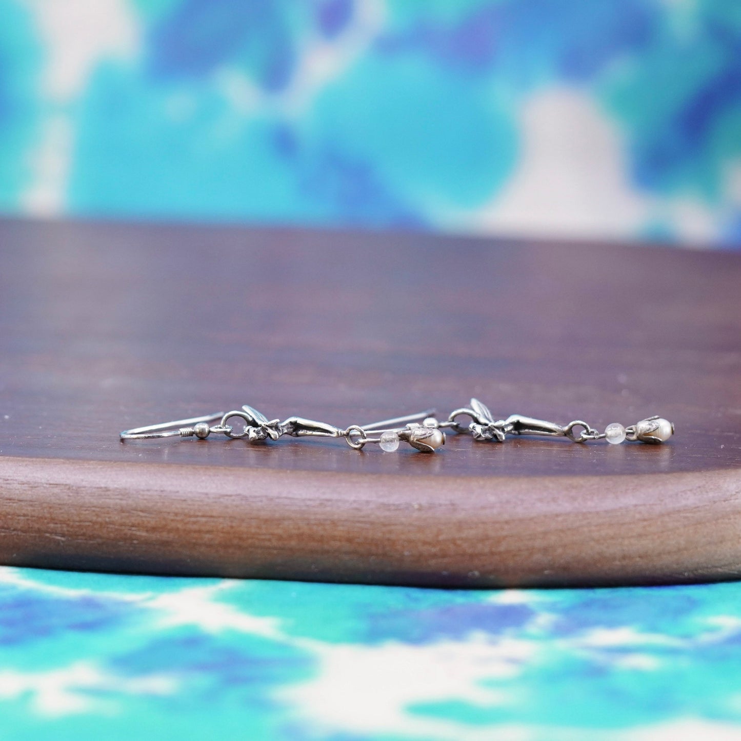 Sterling silver handmade earrings, Mexican 925 whispering fairy dangles pearl