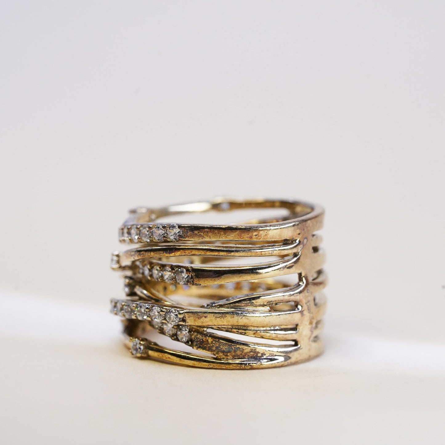 Size 6, VTG gold vermeil Sterling 925 silver entwined wide ring cluster Cz