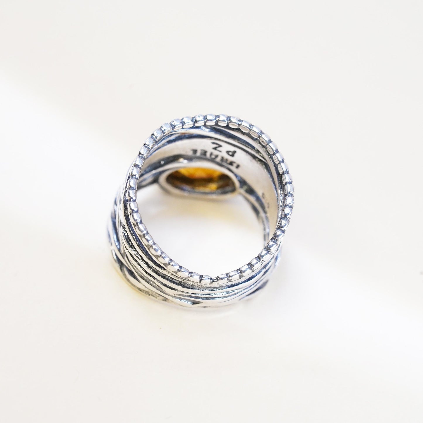 Size 6, VTG Israel PZ Israel Sterling Silver Oval Citrine Ring, Leaf Vine Band
