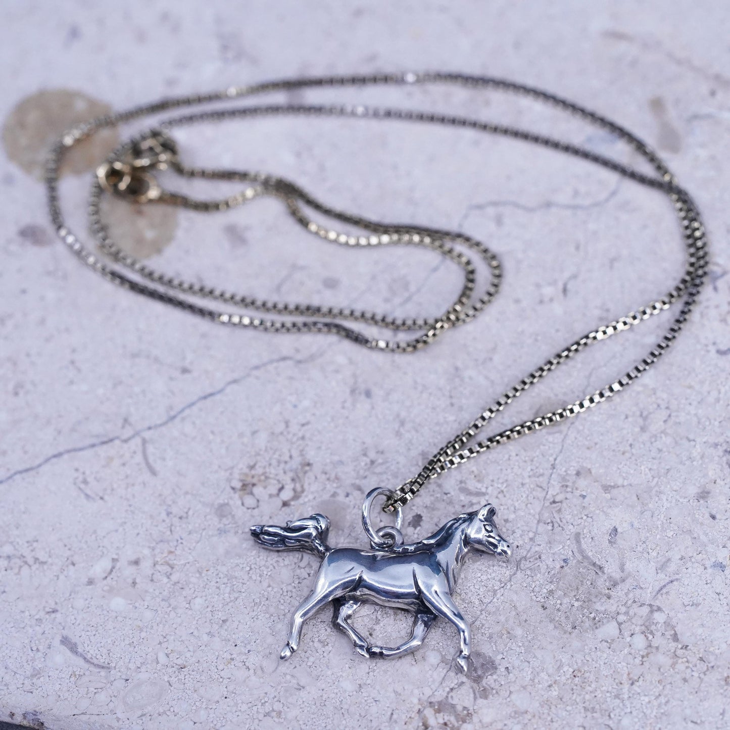 18”, VTG vermeil gold over sterling 925 silver box necklace w/ horse pendant