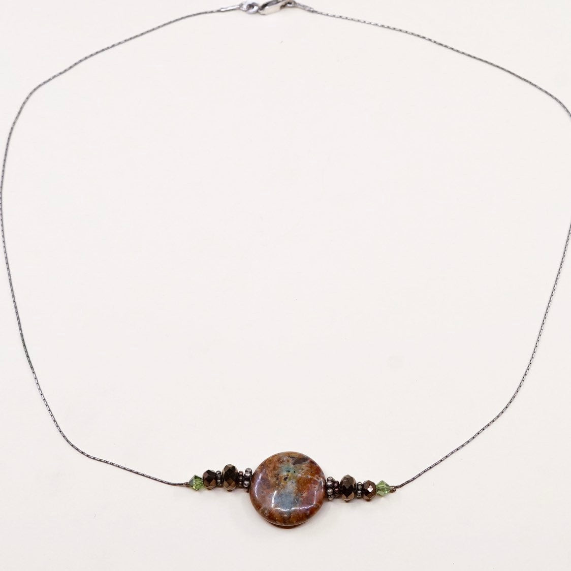 19", vintage sterling silver handmade necklace, fine 925 silver snake chain and brown agate pendant, stamped 925 italy