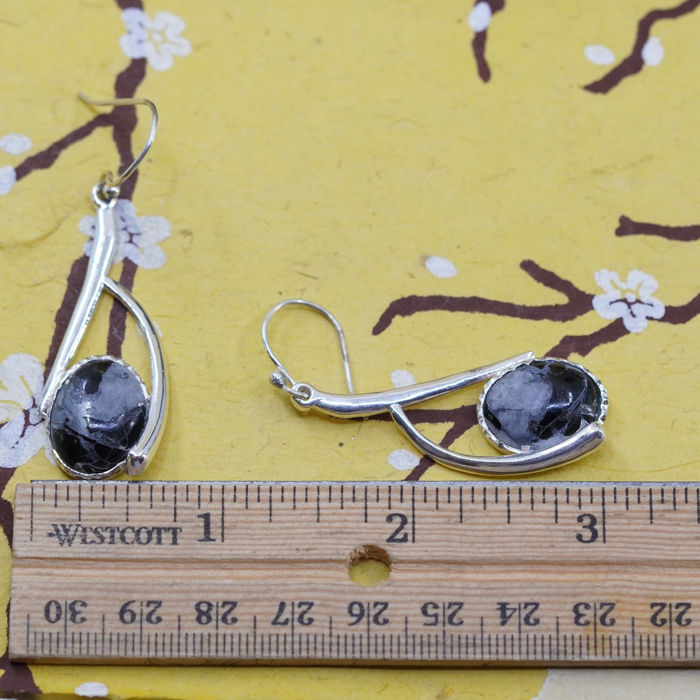 Vintage sterling silver 925 handmade earrings with larvikite inlay