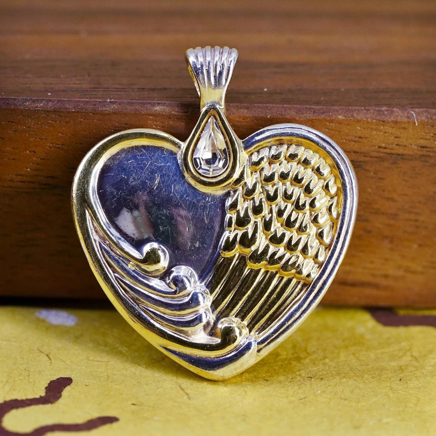 VTG BGE 18K Gold & 925 sterling Silver Heart Pendant angel’s wing teardrop cz