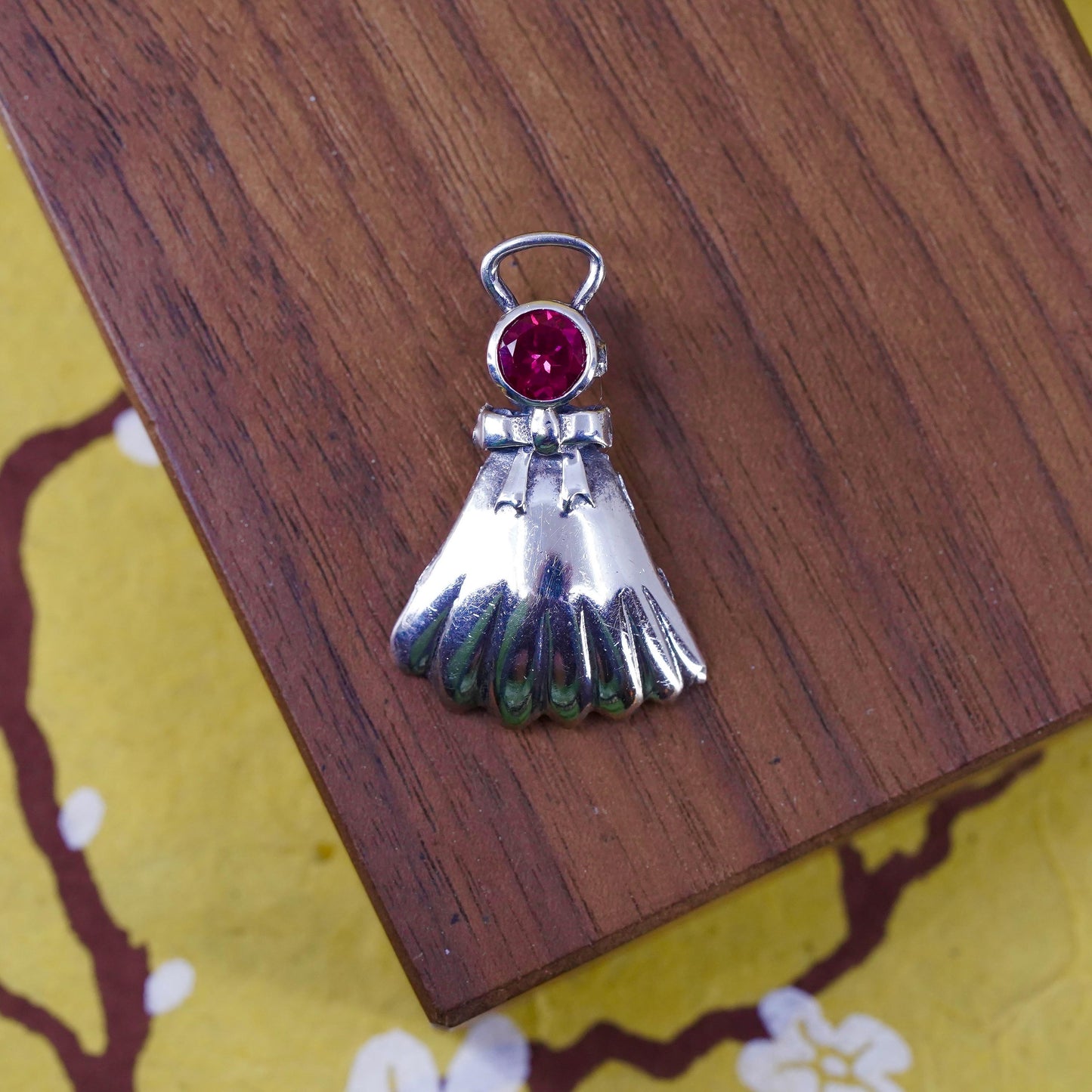 Vintage Sterling silver handmade pendant, 925 angel charm with ruby