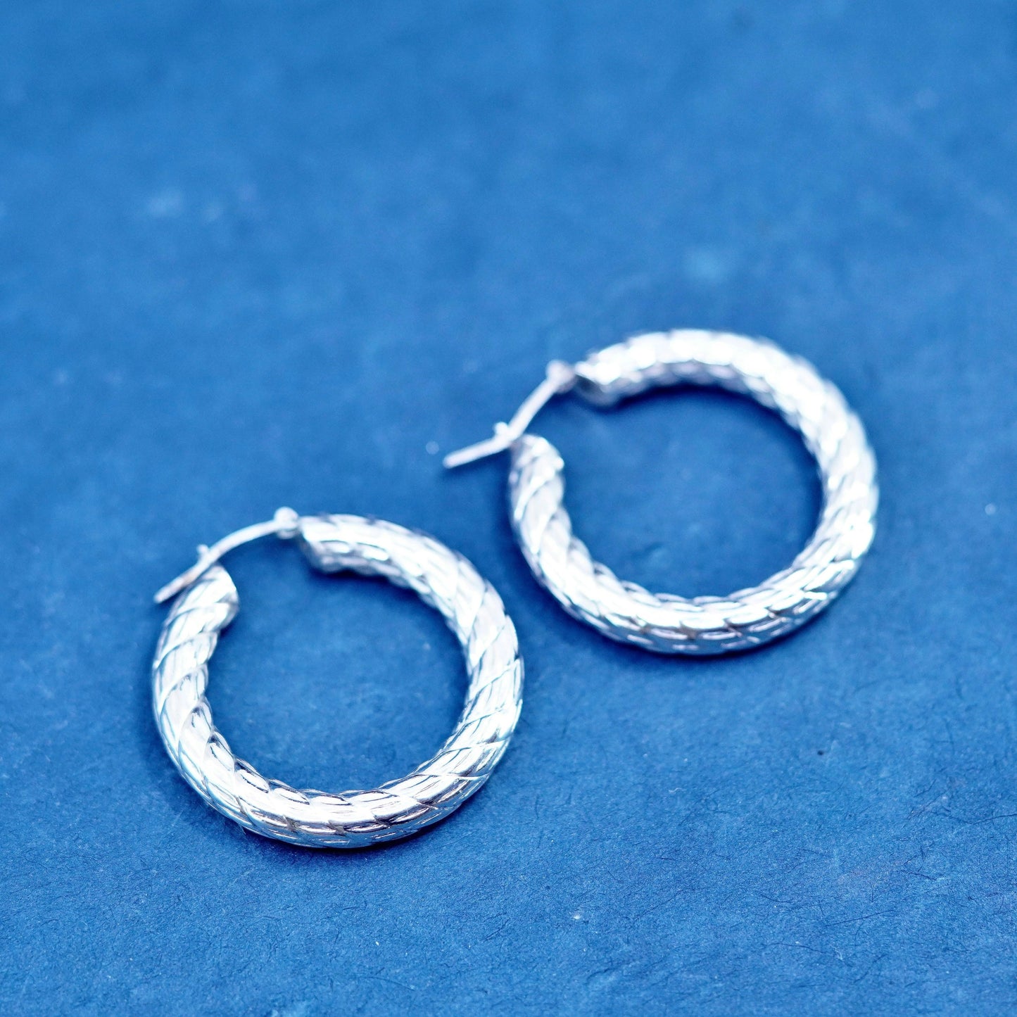 1.25”, Italian Sterling silver handmade earrings, textured 925 hoops Huggie