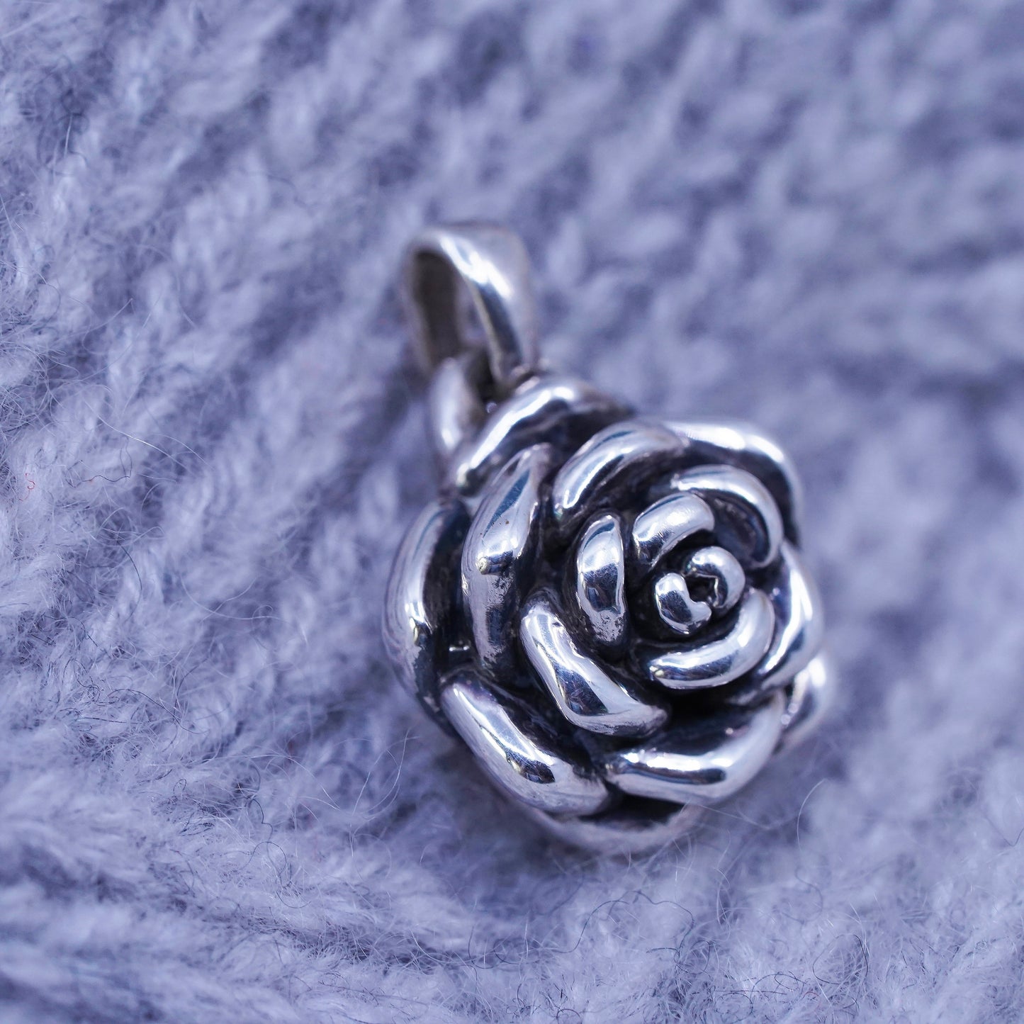 Vintage Sterling silver handmade pendant, puffy 925 rose flower