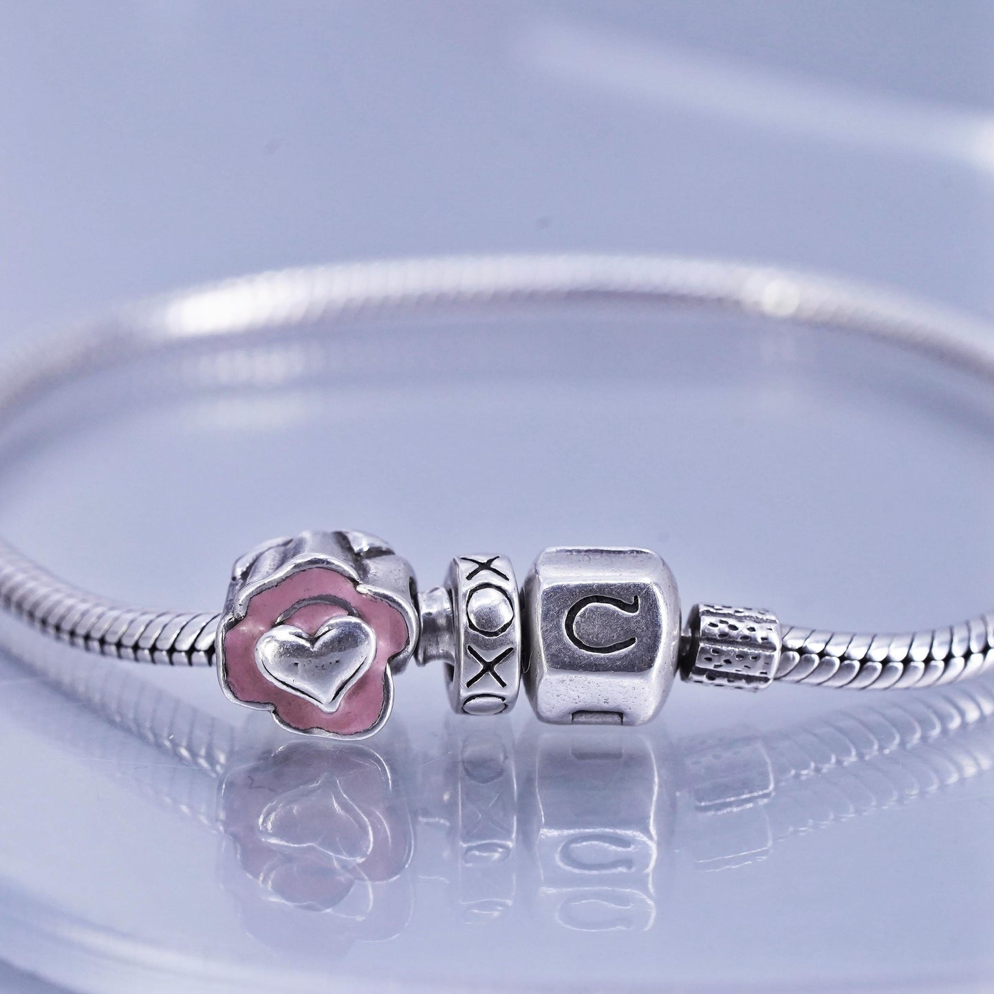 7.5”, Sterling 925 silver bracelet, bold snake chain pink flower bead charm