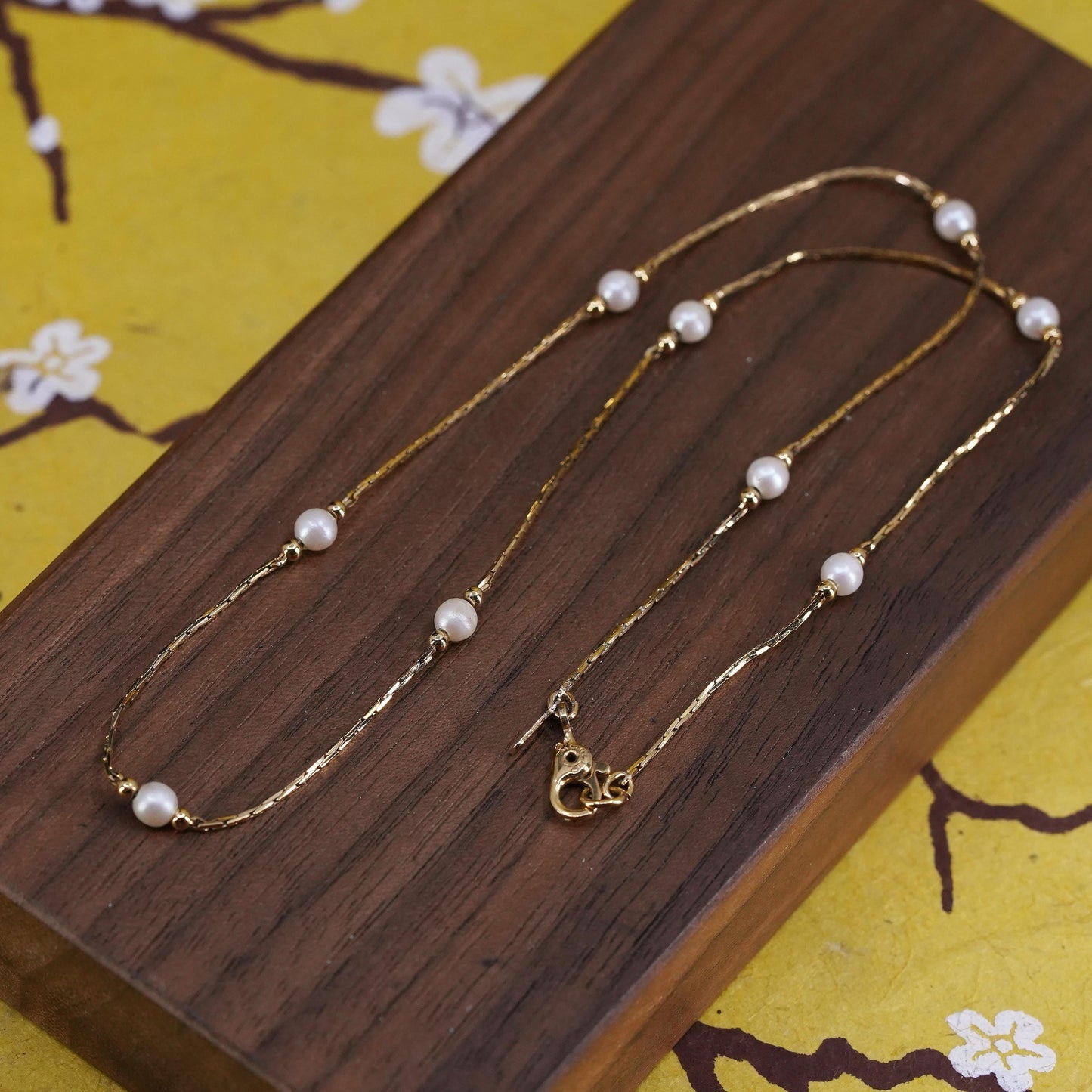 16", vintage Monet vermeil gold tone necklace, Italy 925 snake chain with pearl