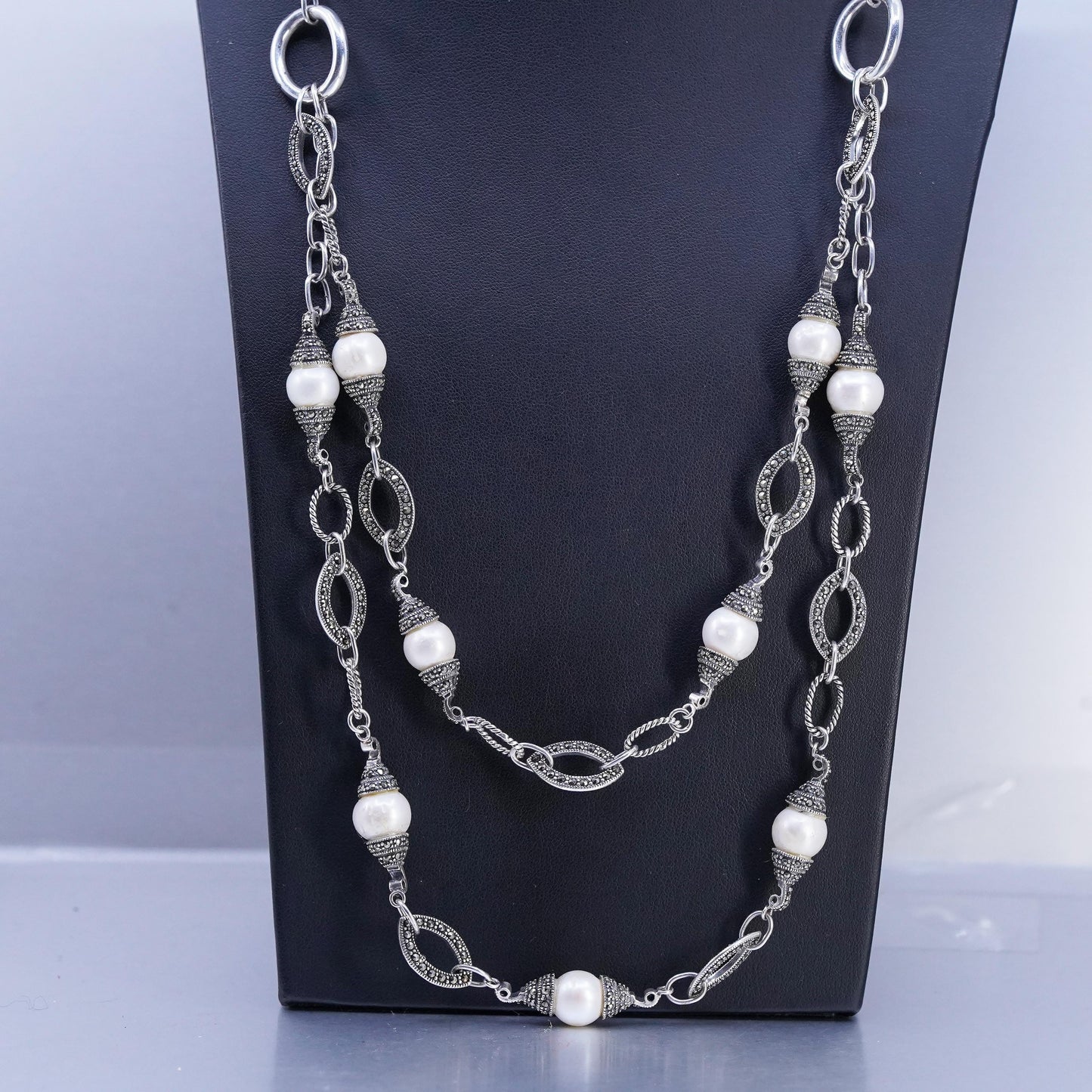 24", Sterling 925 silver double strands necklace double sided marcasite pearl