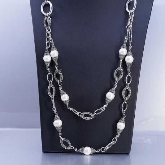 24", Sterling 925 silver double strands necklace double sided marcasite pearl