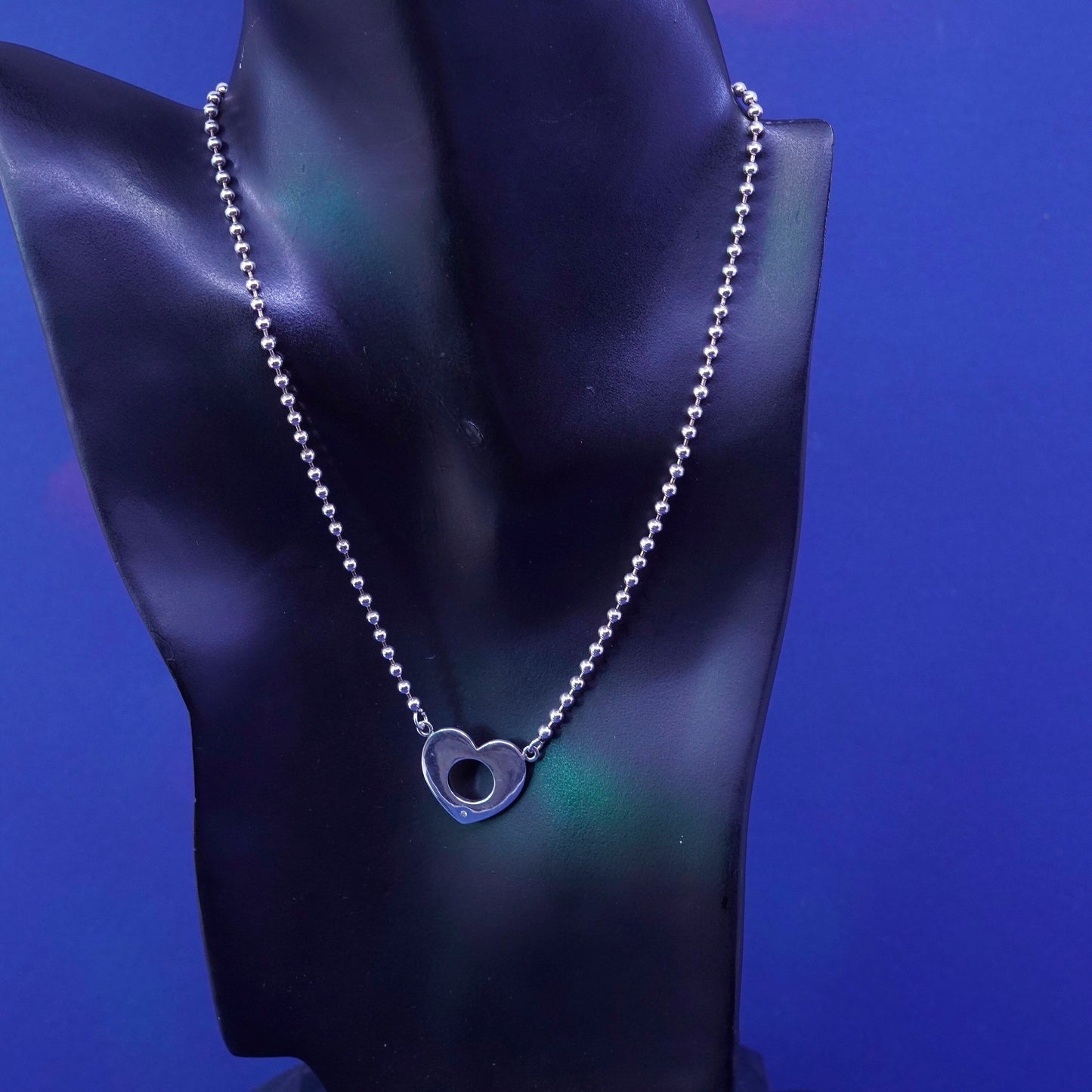 16”, 2mm, vintage Sterling silver necklace, 925 bead chain with heart pendant