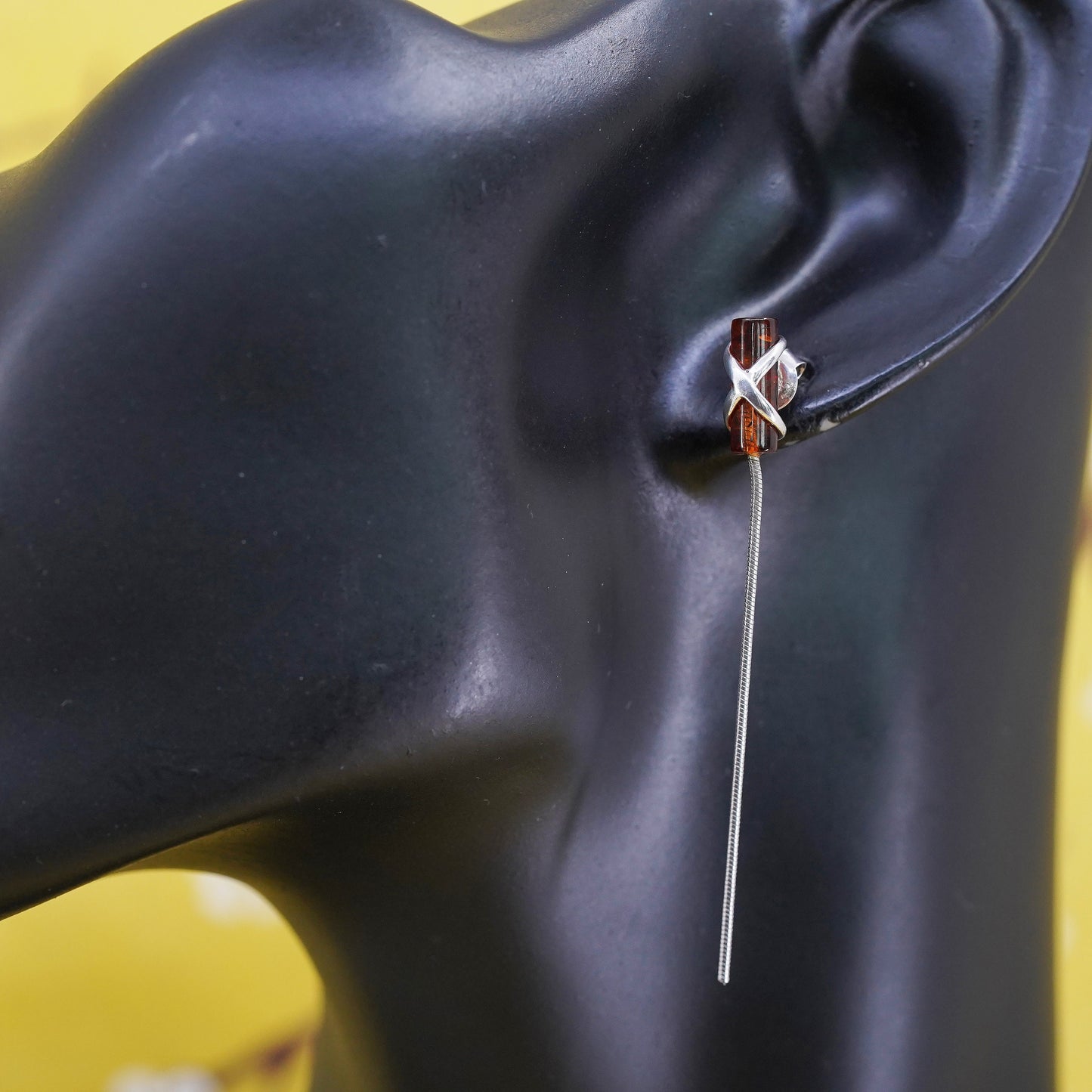 Vintage Sterling 925 silver handmade earrings with Amber and snake chain