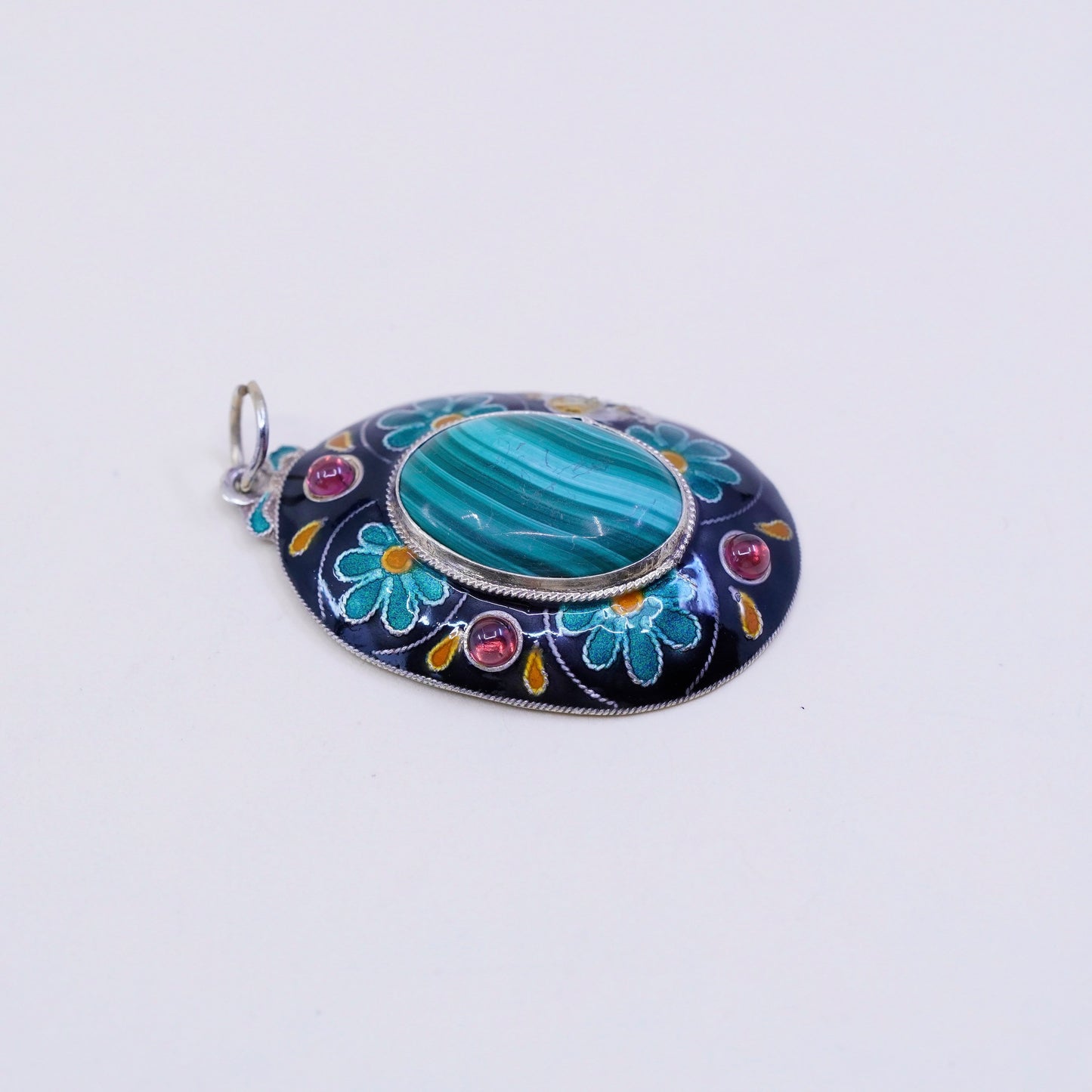vermeil gold over sterling silver handmade pendant, 925 enamel oval malachite