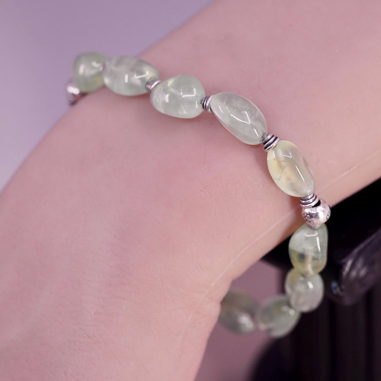 7.25", vintage Sterling 925 silver handmade bracelet with oval prehnite nuggets
