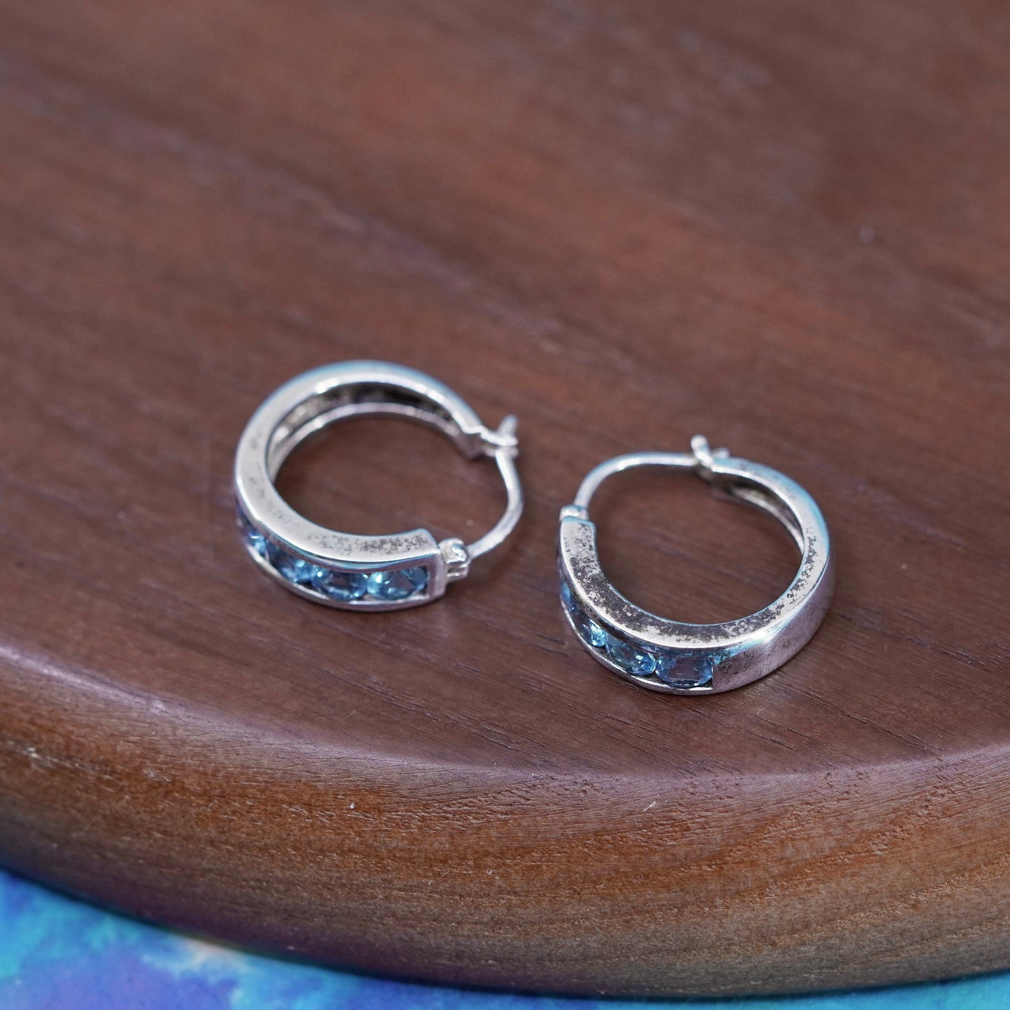 0.75”, vintage Sterling silver huggie earrings, 925 hoops with blue cz