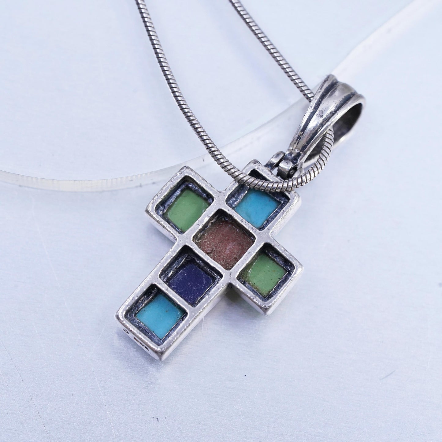 16", vintage Sterling 925 silver snake chain necklace turquoise cross pendant