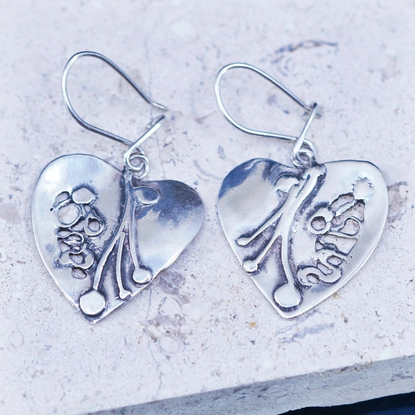 Vintage Sterling silver handmade earrings, textured 925 heart drops