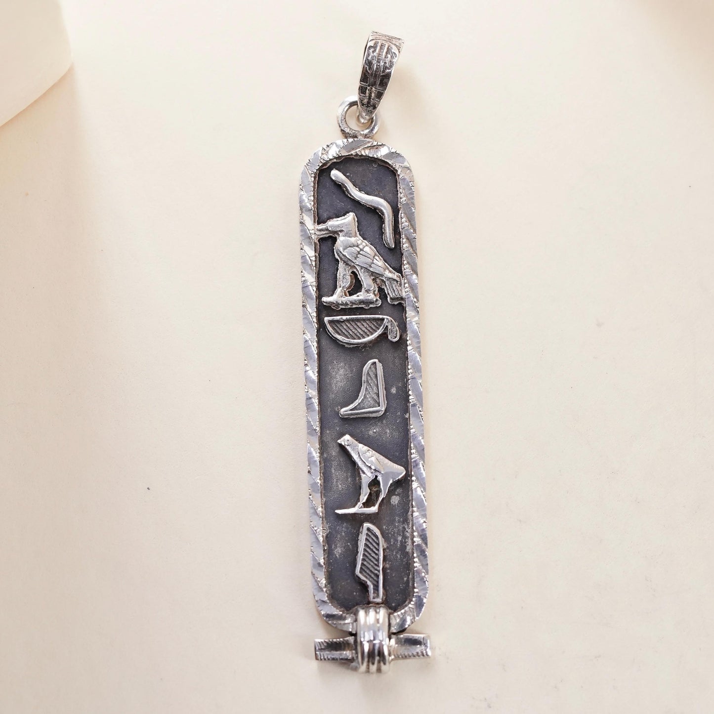 Sterling 925 Silver Egyptian Hieroglyphics Cartouche Pendant, 925 Revival Charm