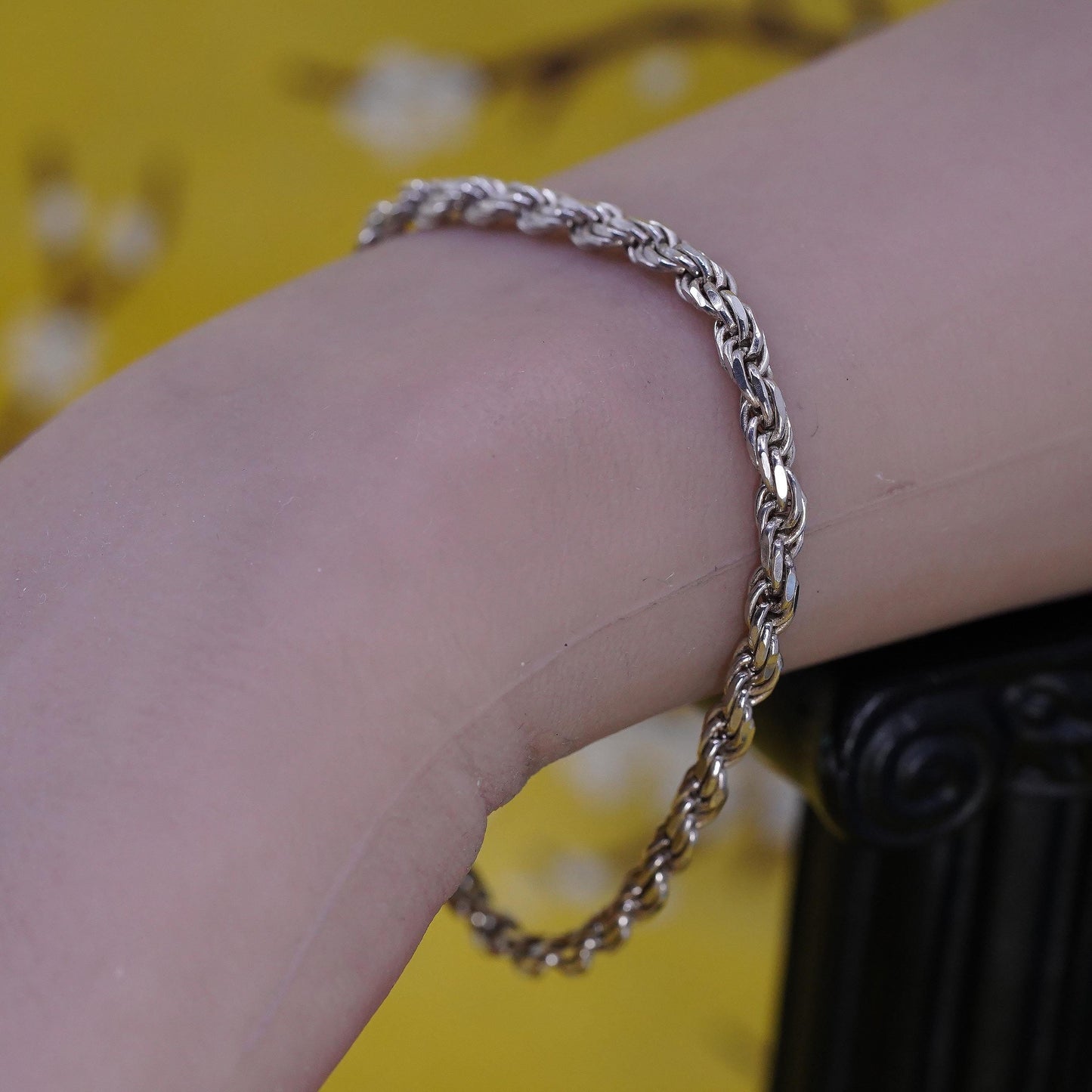 7" 3mm, vintage Sterling silver diamond cut rope bracelet, Italy 925 chain