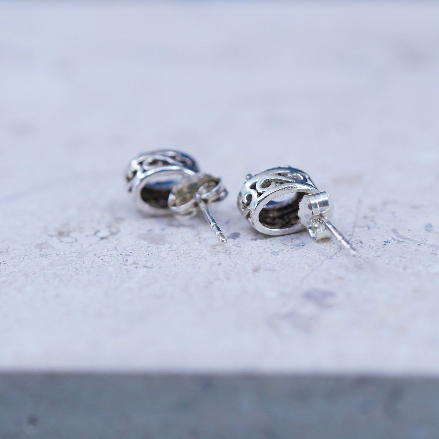 Vintage sterling silver handmade earrings, 925 studs with cluster CZ inlay