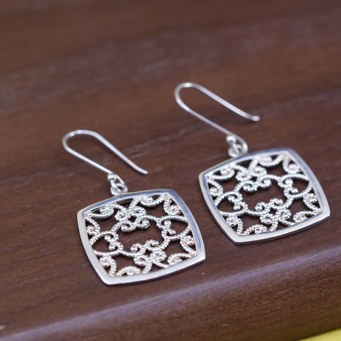 Vintage Sterling silver handmade earrings, 925 filigree square dangle