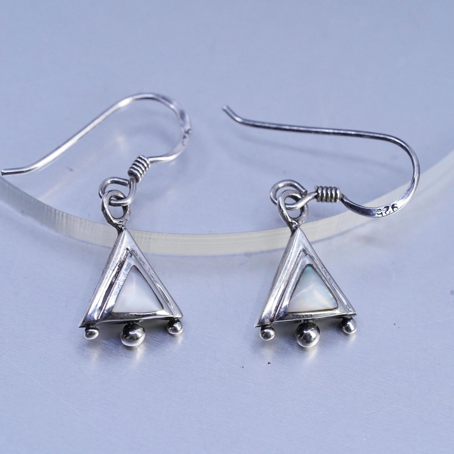 Vintage Sterling 925 silver handmade triangular earrings with mother of pearl