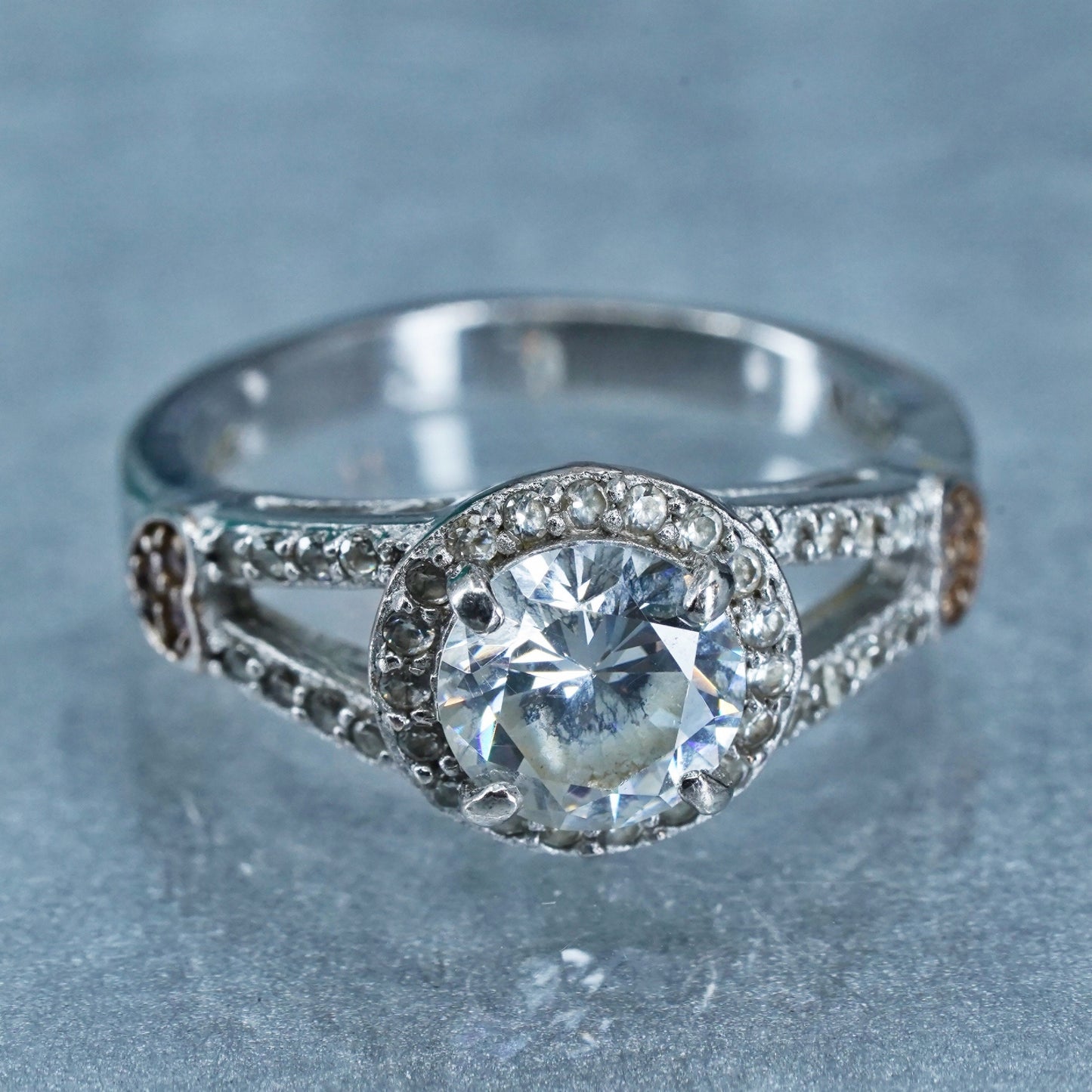 Size 6, vintage Sterling 925 silver statement engagement ring with cluster Cz