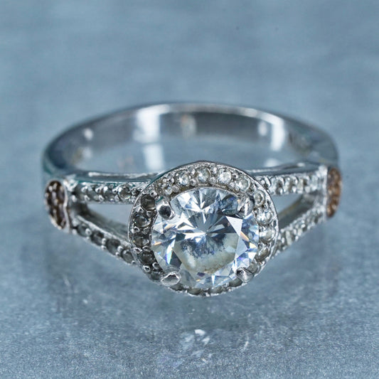 Size 6, vintage Sterling 925 silver statement engagement ring with cluster Cz