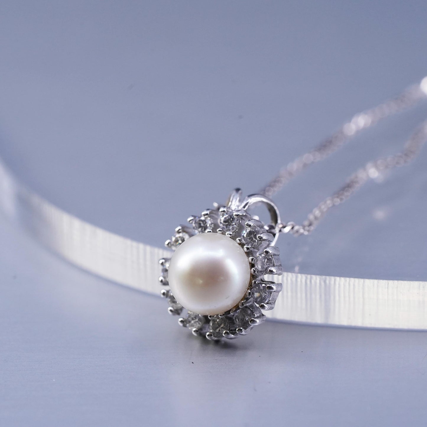 20”, Sterling 925 silver twisted S link necklace with pearl flower pendant