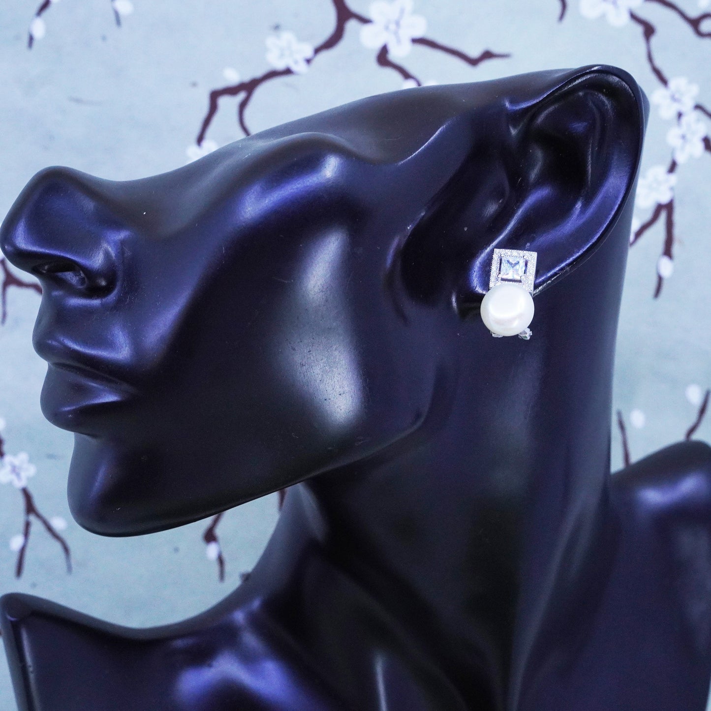 Vintage sterling silver earrings, 925 studs with pearl and cz