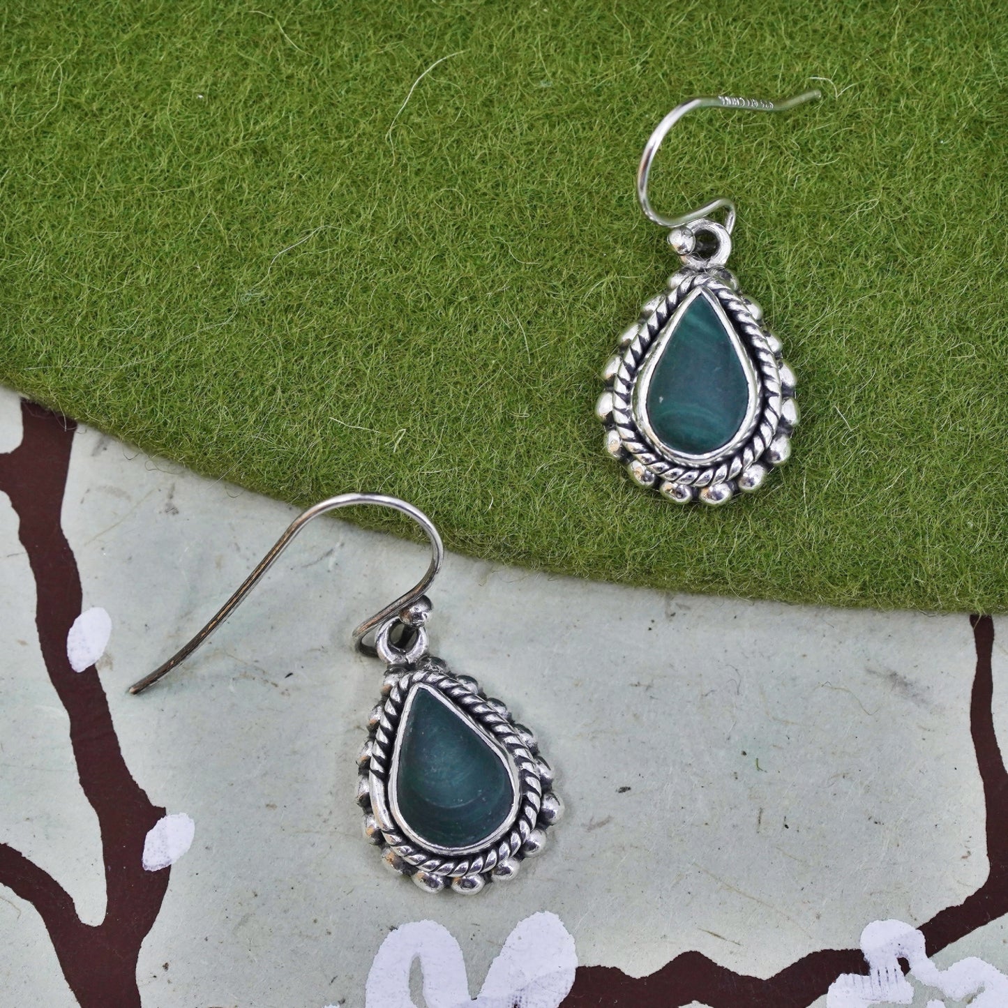Mexican sterling 925 silver handmade earrings with teardrop malachite beads