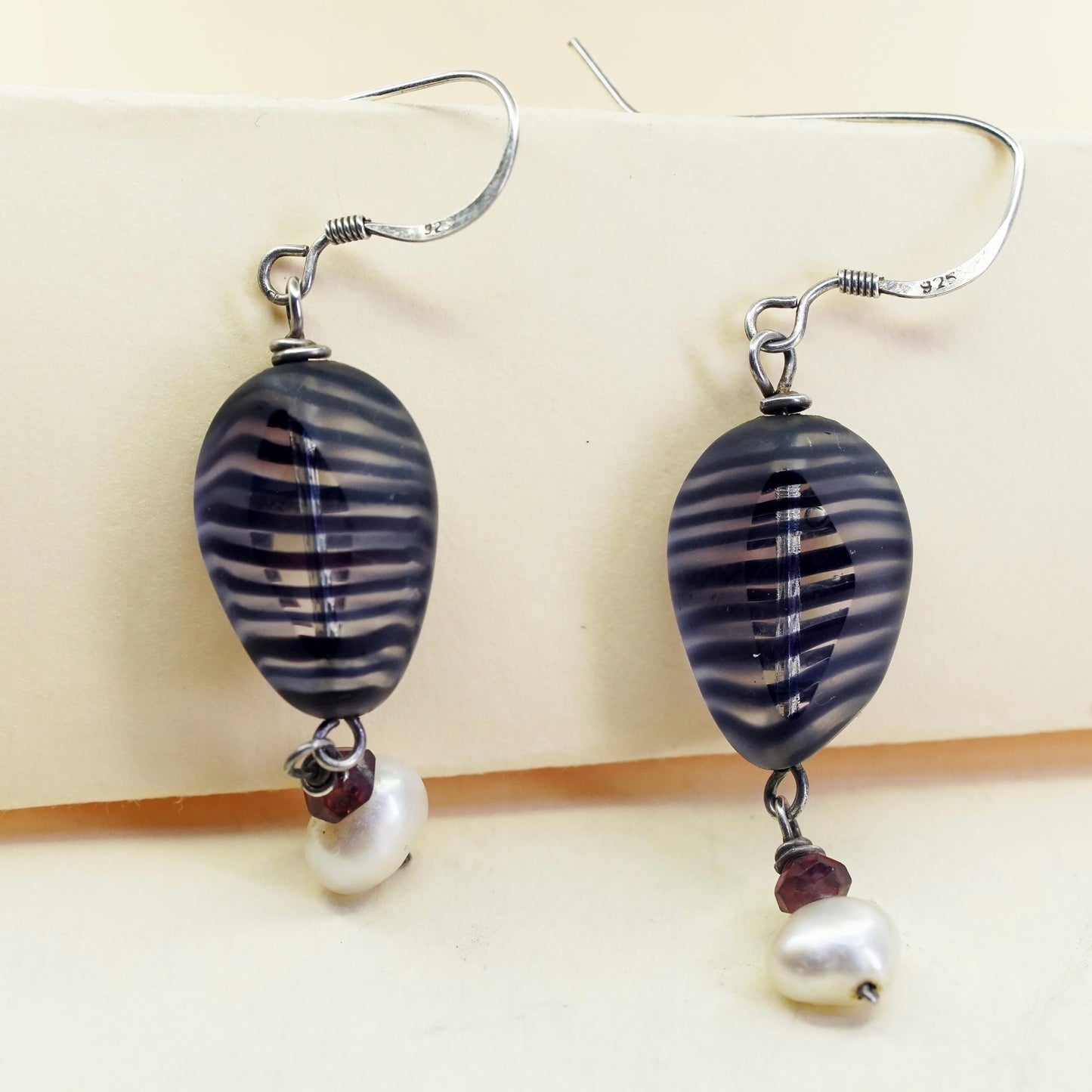 Vintage Sterling 925 silver handmade earrings with glass beads pearl dangles