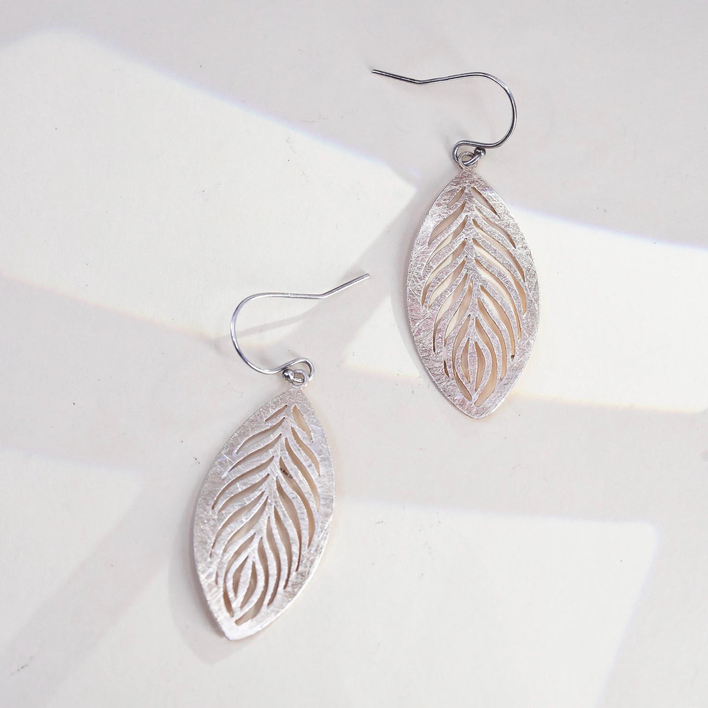 Vintage two tone Sterling silver handmade earrings, matte leaf openwork drops