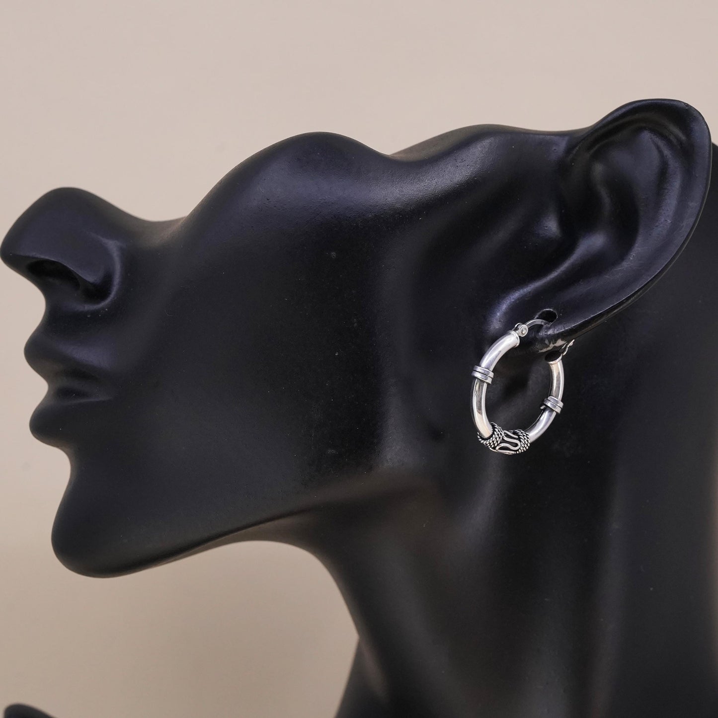 1", Vintage sterling silver loop single earring, textured wired hoop