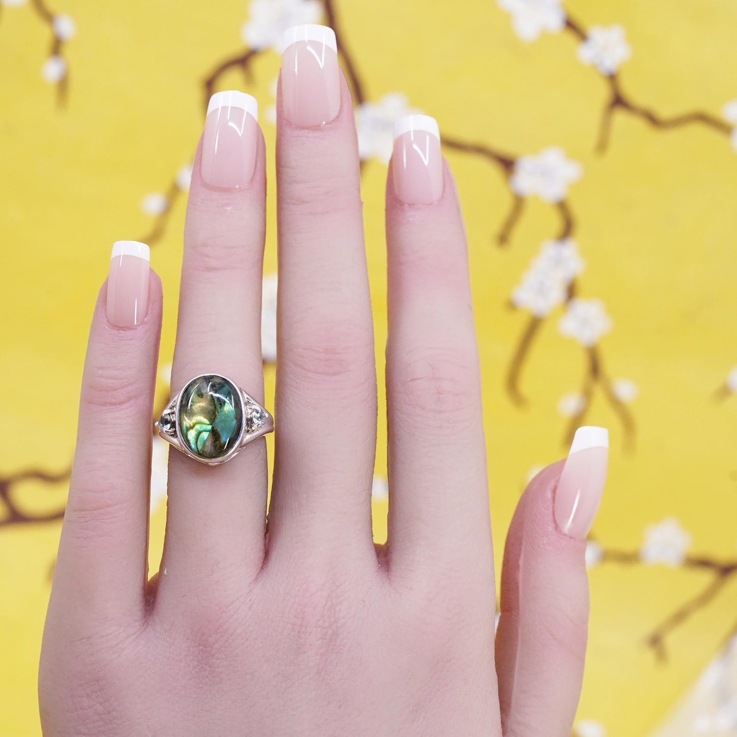 Size 5.25, Vintage RJ sterling silver handmade ring, 925 band w/ abalone inlay