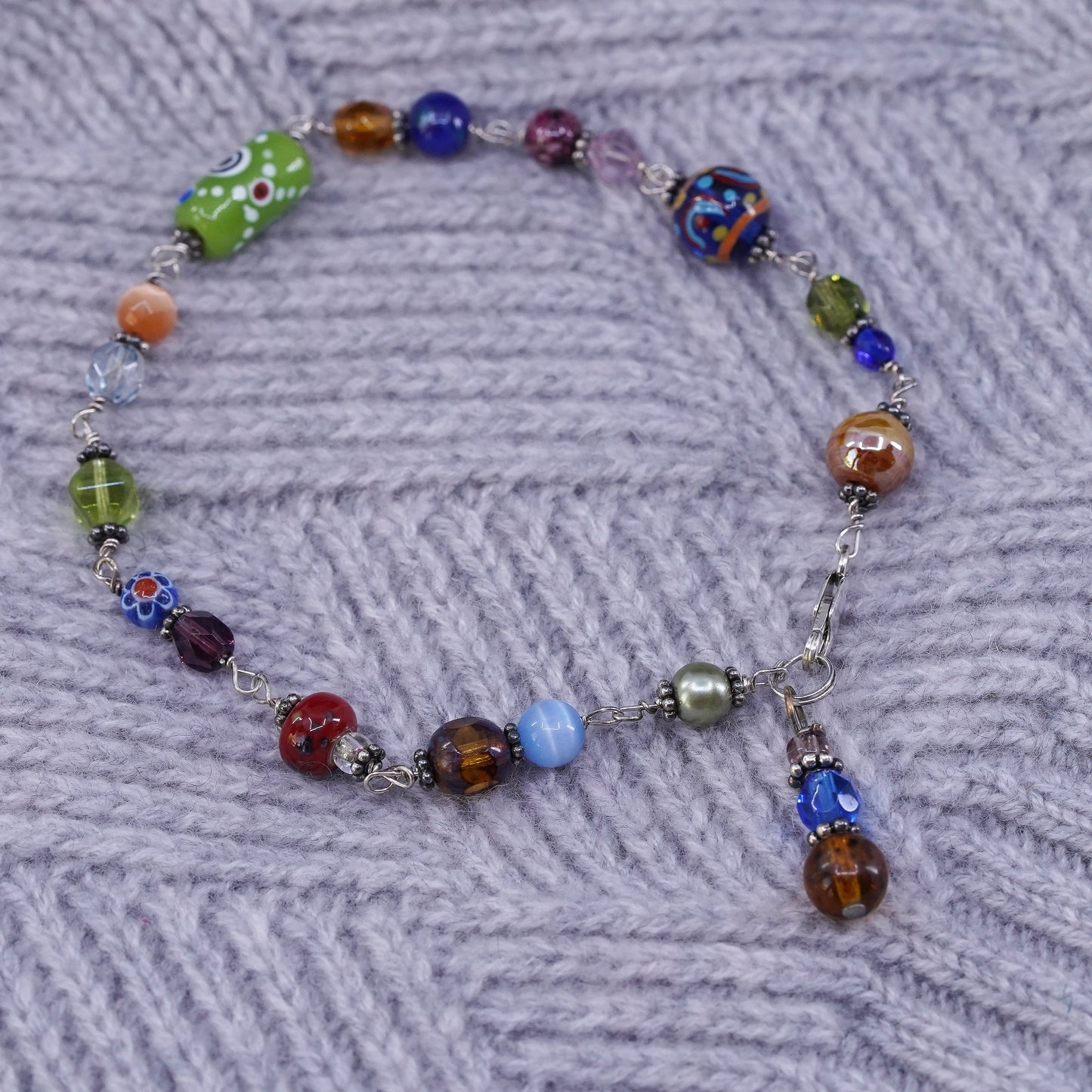 9.5", handmade brass bracelet, brass toggle closure with colorful glass beads