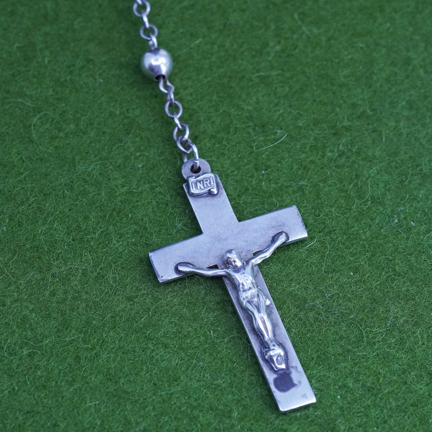 24”, sterling silver rosary necklace circle chain with Jesus cross pendant bead