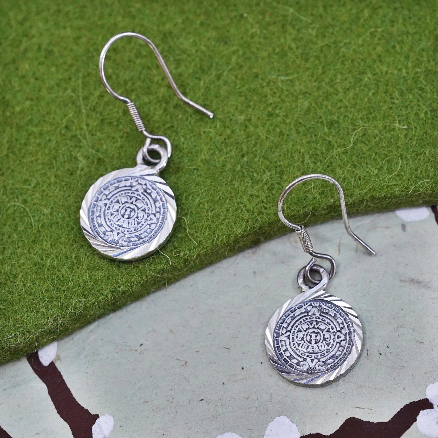 Vintage mexico sterling silver handmade earrings, 925 mayan calendar tag dangle